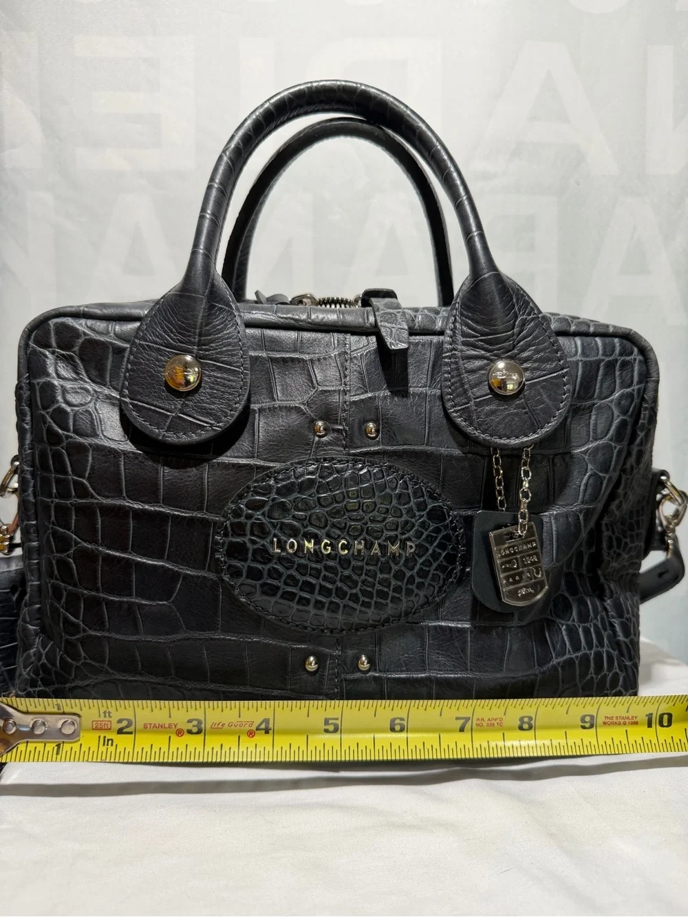 Longchamp Légende Black Gray Blue Croc-Embossed Leather Two Way Handbag